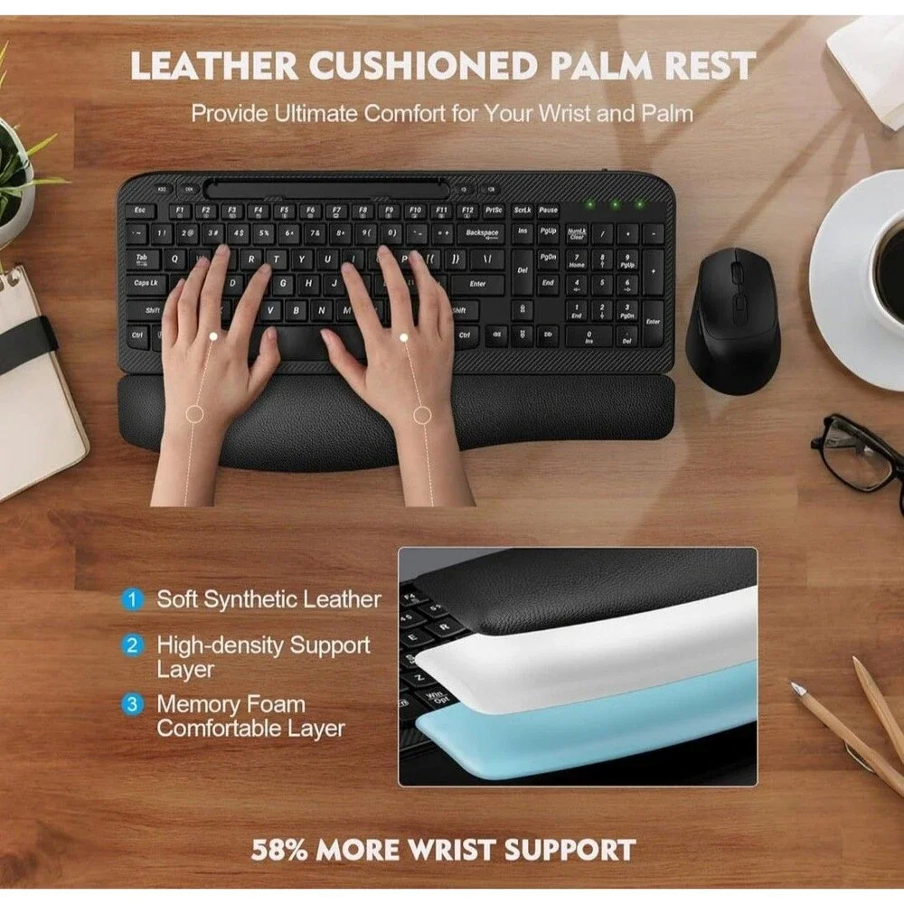 Wireless Keyboard and Mouse Combo, Wave Keys Full-Sized Ergonomic Cushioned Plam